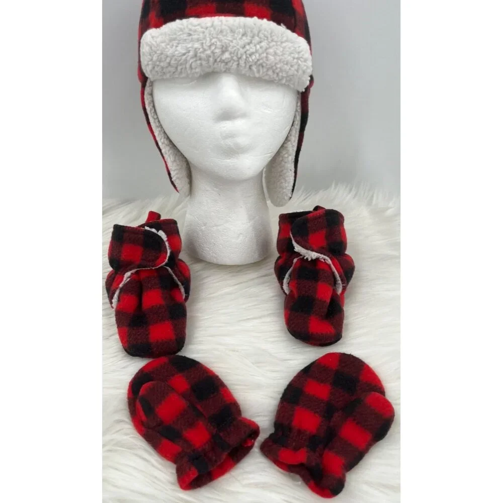 Hudson Baby 18/24 Mos Buffalo Check Plaid Aviator Trapper Hat Mitten Bootie Set